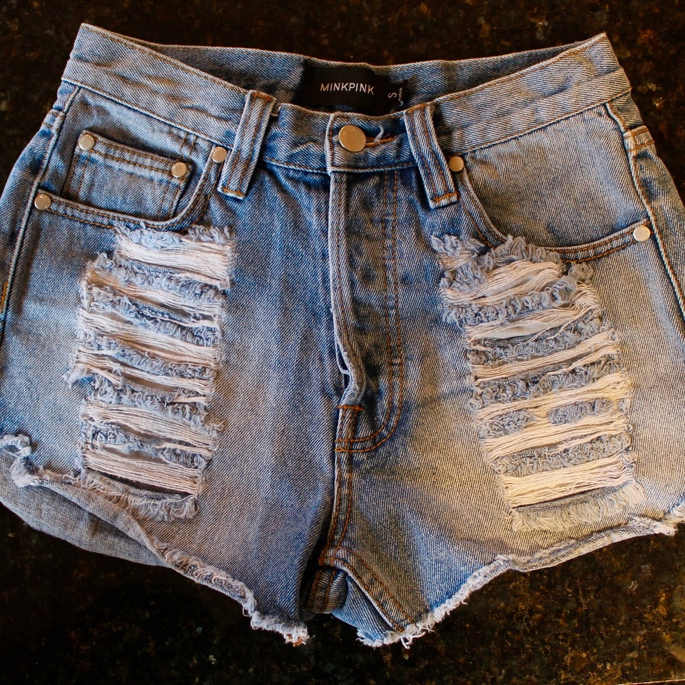 MINKPINK distressed high waisted jean denim shorts